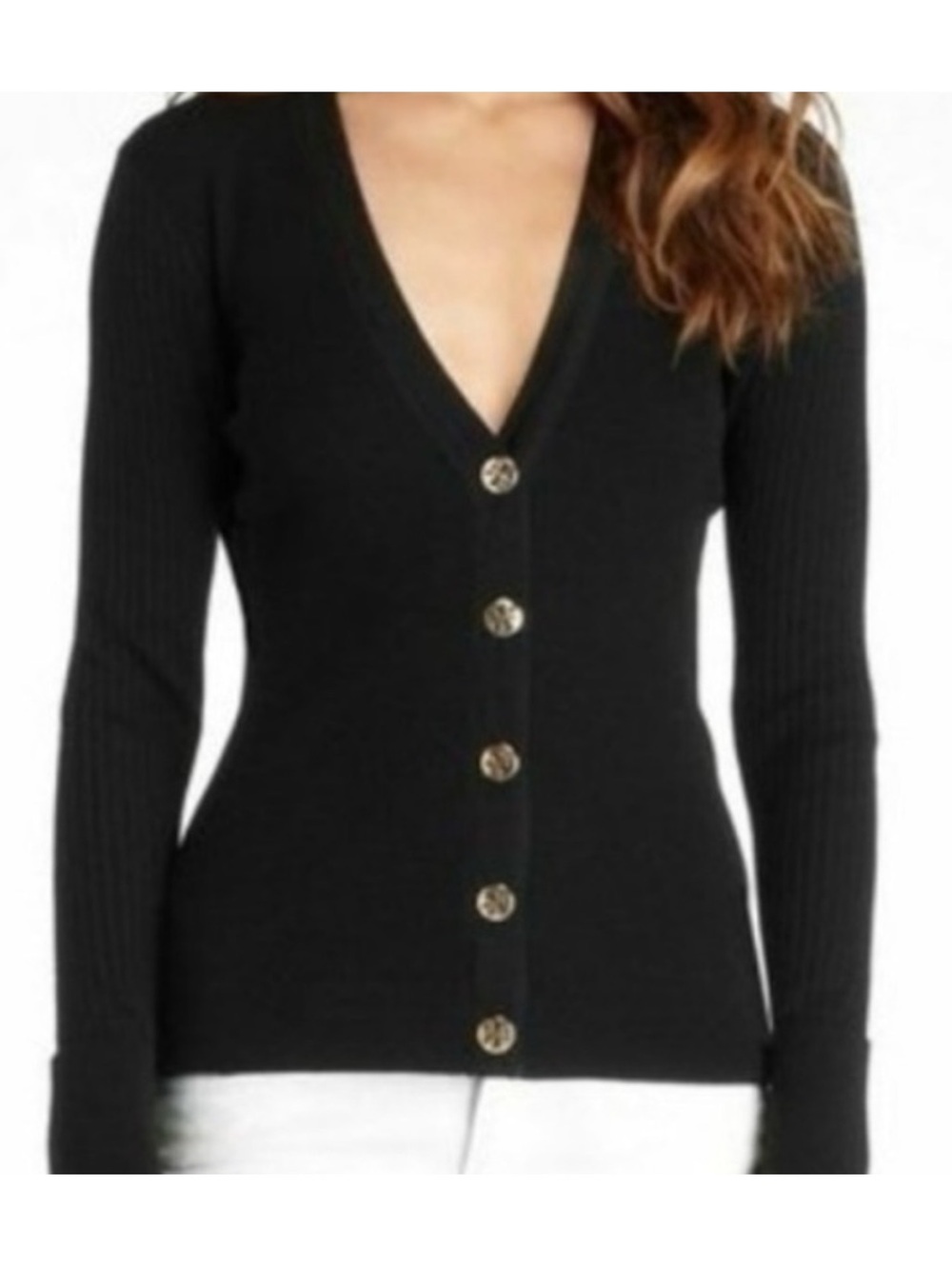 Tory Burch Black V‑Neck Cardigan with Gold Logo Buttons